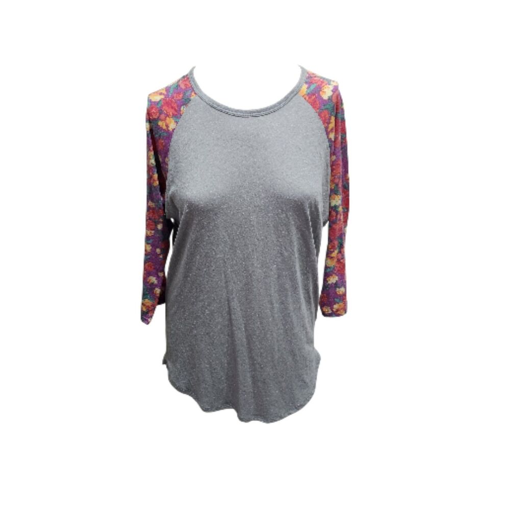 LuLaRoe Randy Top Size Large NWT‎ Gray Floral Raglan Sleeve 3/4 Tee Soft Stretch